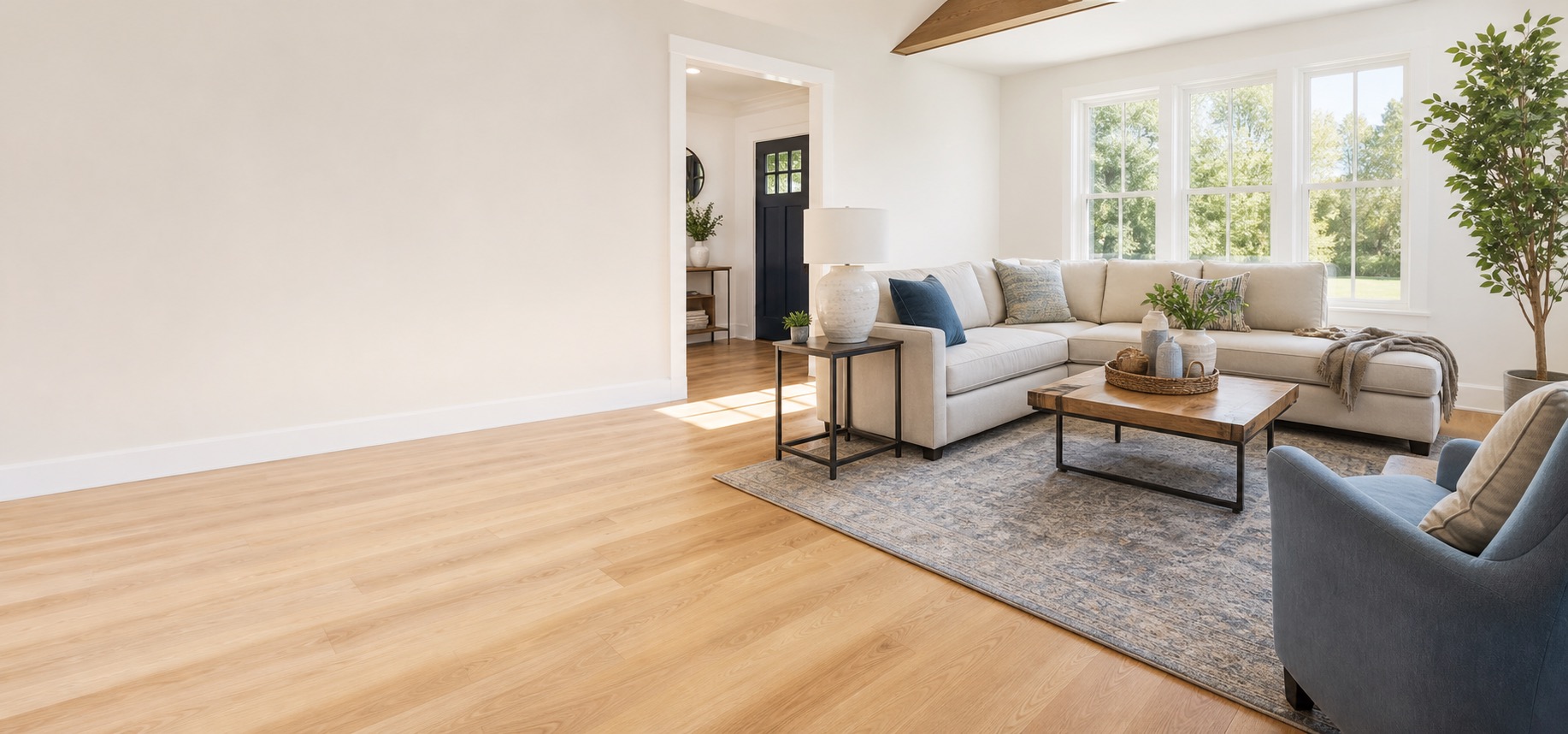 Sunlit living room with new light wood flooring