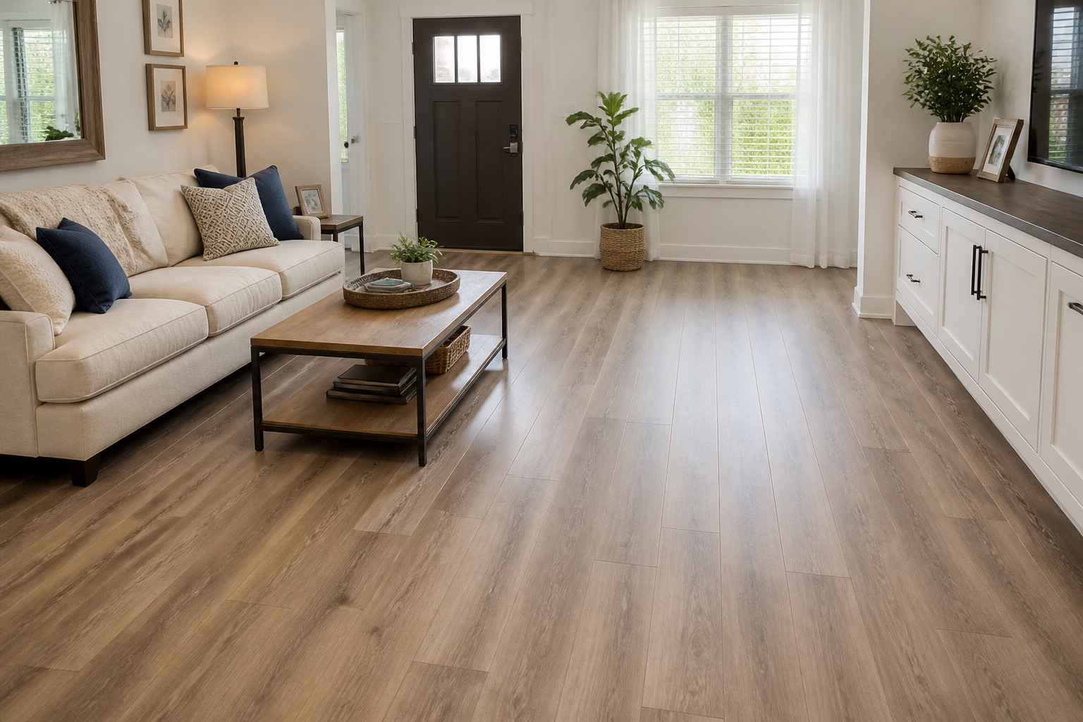 Completed flooring project in a bright refreshed living room
