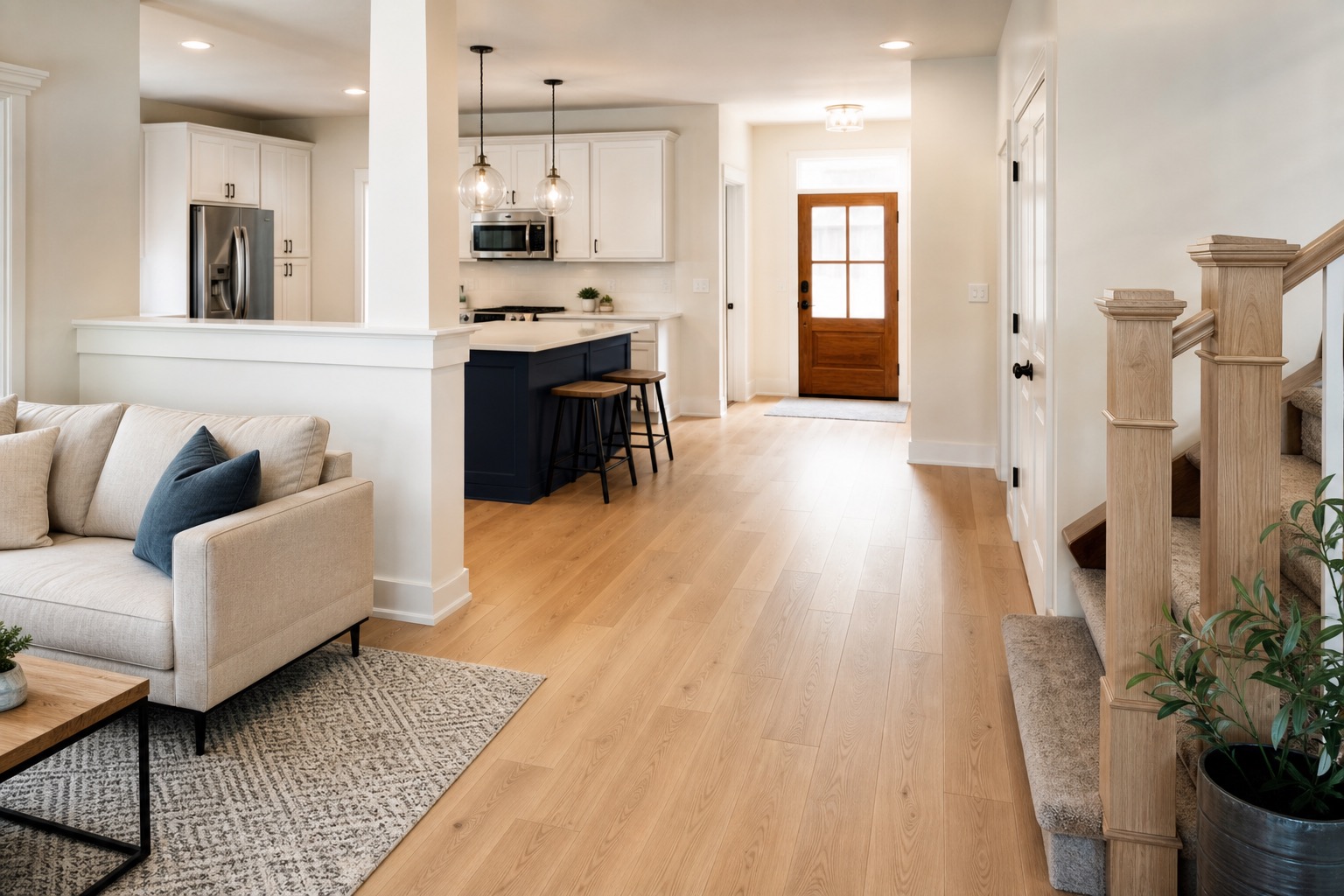 Bright home interior showing room-to-room flooring flow from living area to kitchen