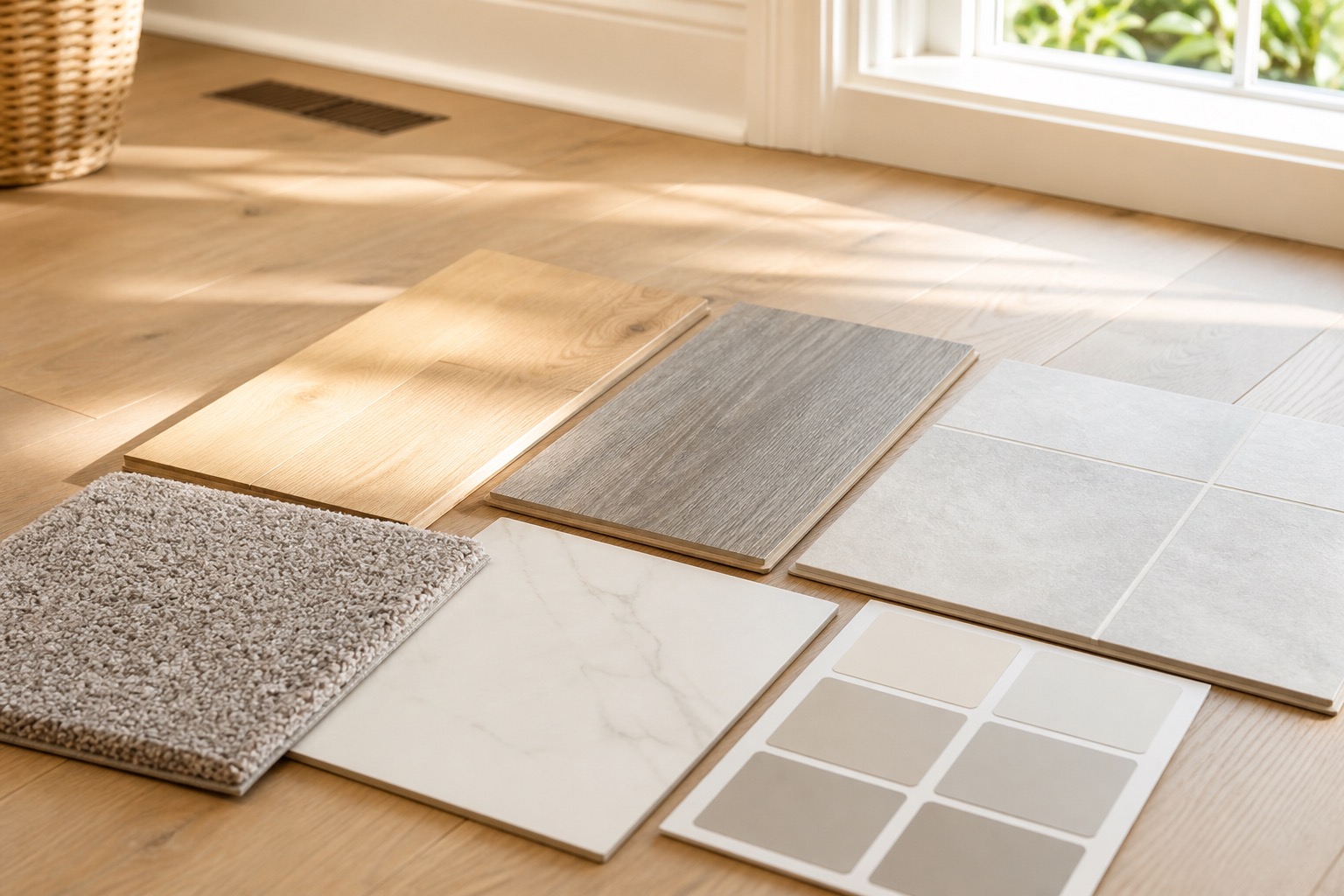 Flooring samples compared in bright natural light