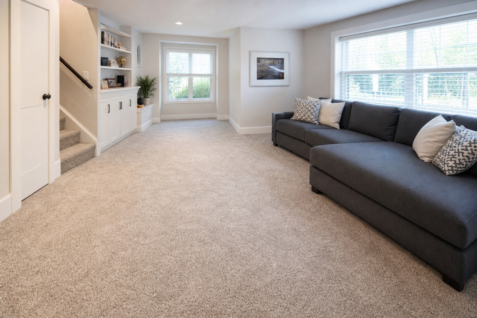 Fresh carpet in a bright lower-level family room