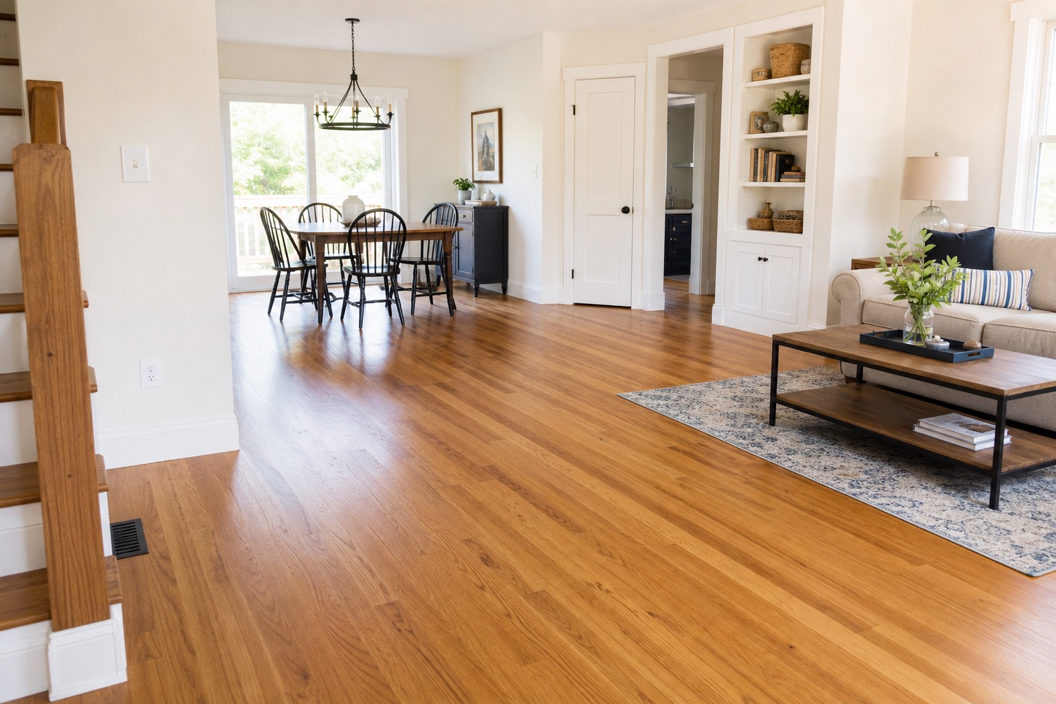 Natural hardwood flooring in a bright main-floor living space
